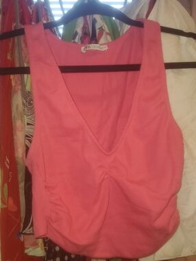 Zara Pink Ruched V-Neck Tank Top